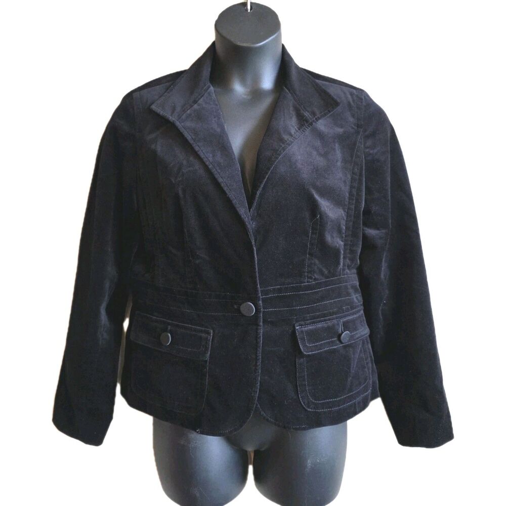 Talbots Size 12 Blazer Black Velvet Jacket 1-button Cotton Lined Pockets